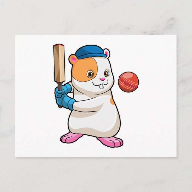 Hamster auf Cricket mit Cricket-Fledermaus und Cap Postkarte (Vorderseite)