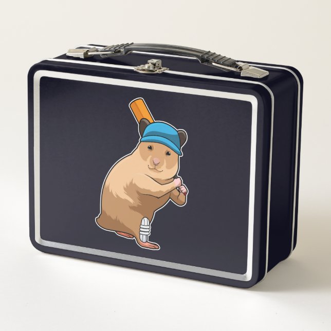 Hamster auf Cricket mit Cricket-Schläger Metall Brotdose (Vorderseite)