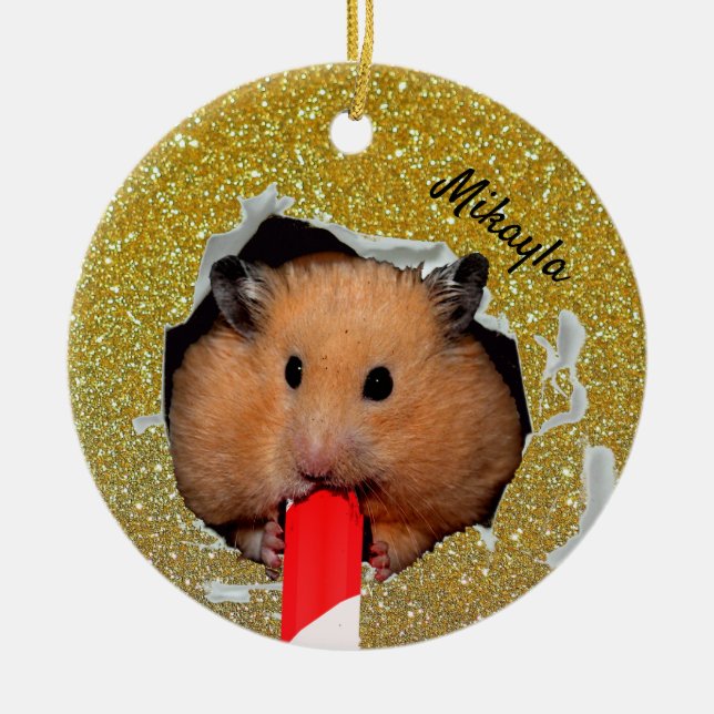 Hamster Chews Hole in Glittery Golden Ornament (Vorne)