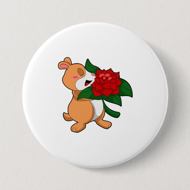 Hamster mit Blume Rose Button (Vorderseite)