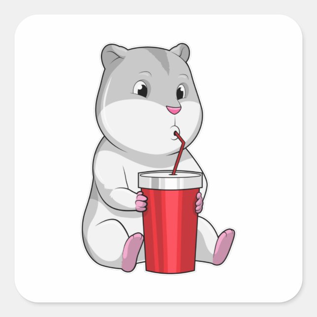 Hamster mit Tasse und Trinkstroh Quadratischer Aufkleber (Vorderseite)