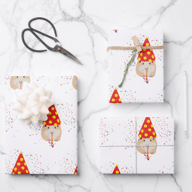Hamster Partying - Tiere mit Party Geschenkpapier Set (Vorderseite)