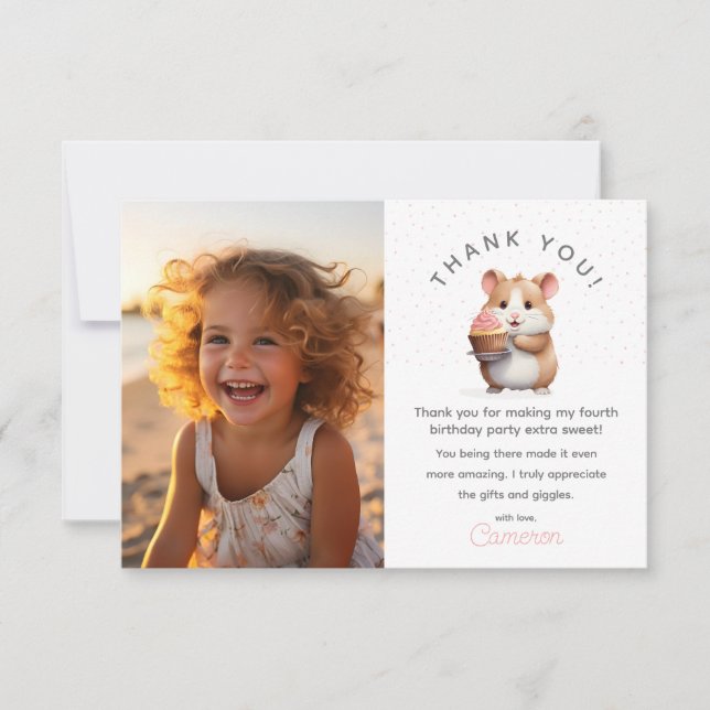 Hamster, Pink Cupcake Children's Birthday Foto Dankeskarte (Vorderseite)