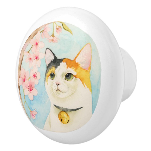 Hanami | Kaliko-Katzen-und Kirschblüten-Aquarell Keramikknauf (Rechts)