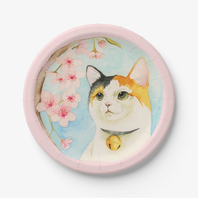 Hanami | Kaliko-Katzen-und Kirschblüten-Aquarell Pappteller (Vorderseite)