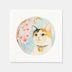 Hanami   Kaliko-Katzen-und Kirschblüten-Aquarell Serviette