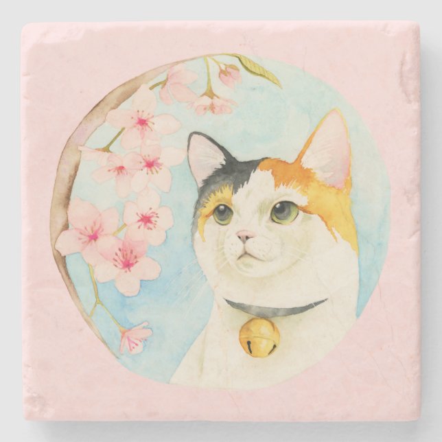 Hanami | Kaliko-Katzen-und Kirschblüten-Aquarell Steinuntersetzer (Vorderseite)