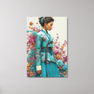 Hanbok sarcelle vibrant et toile d'art de fleurs s