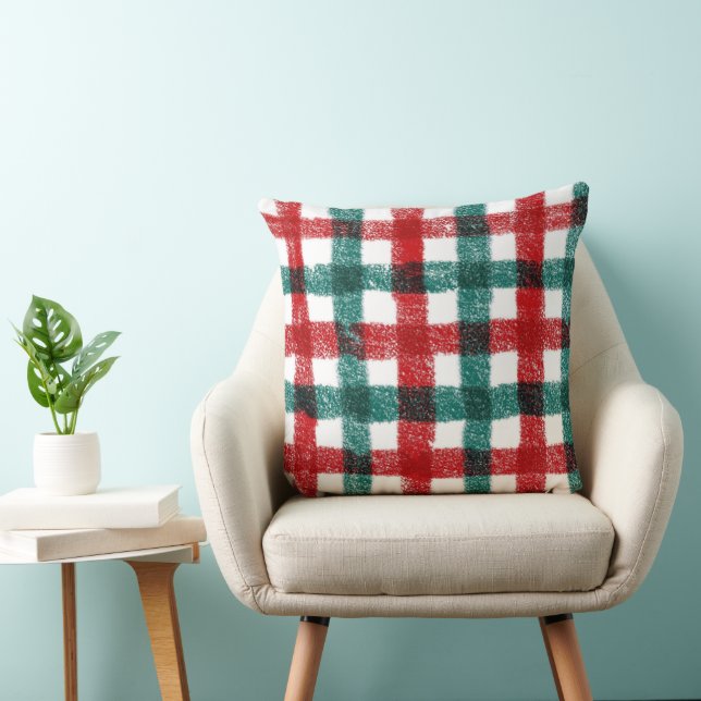 Hand-Brushed Christmas Pillow in Red & Green Kissen (Stuhl )