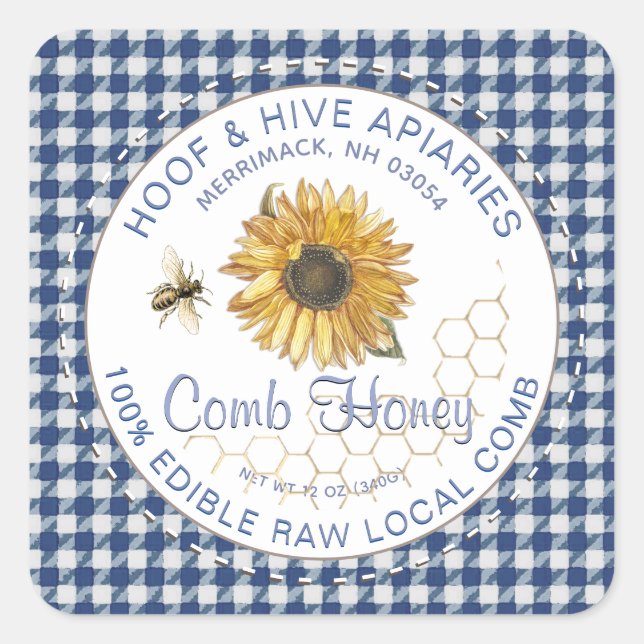 Hand Cut Comb Honey Sonnenblume Biene Rustic Gingh Quadratischer Aufkleber (Vorderseite)