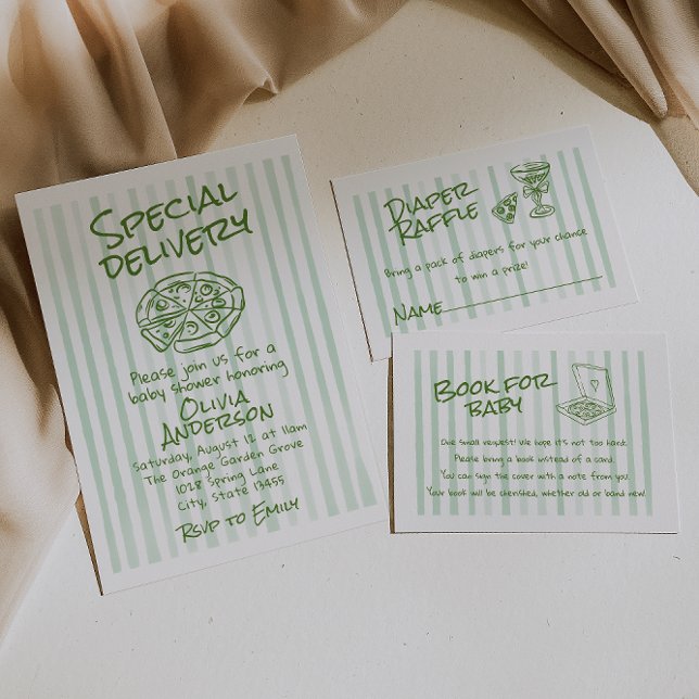Hand Dawn Green Pizza Special Lieferung Baby Dusch Einladung (Von Creator hochgeladen)
