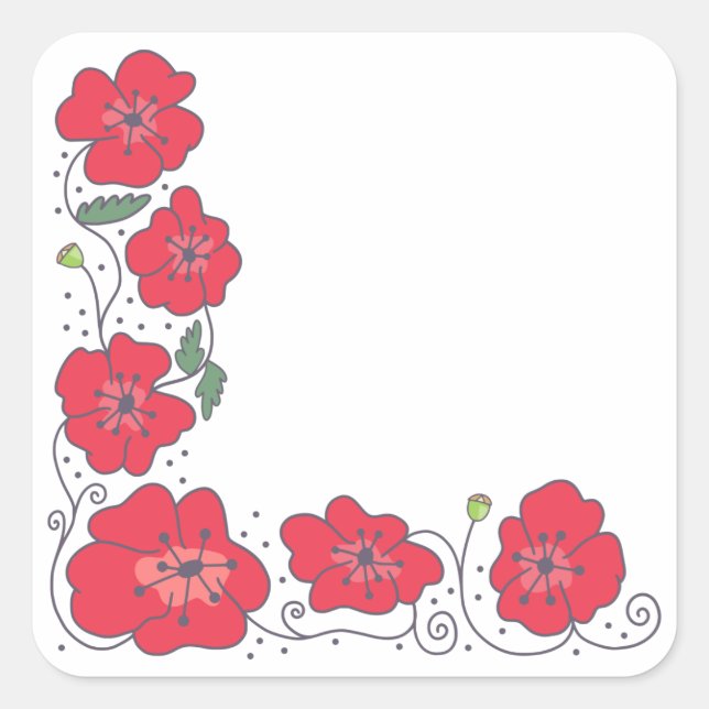 Hand Draodle florale Poppe Ecke Grenze Quadratischer Aufkleber (Vorderseite)