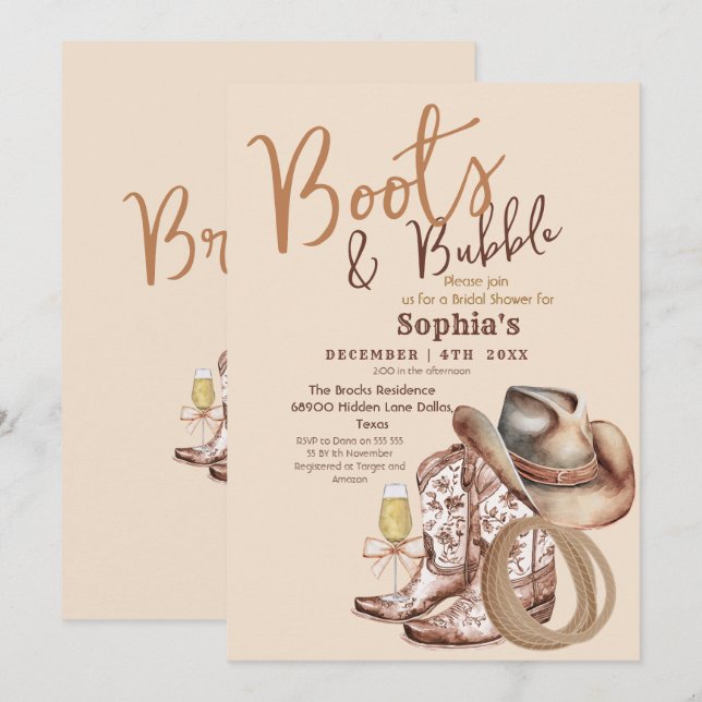 Hand Draw Boots and Bubbly Bridal Shower Einladung (Vorne/Hinten)