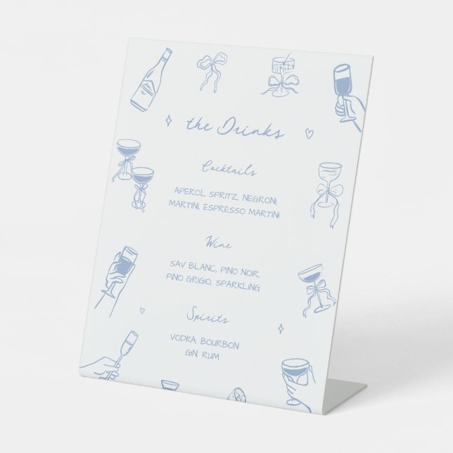 Hand Drawing etwas Blue Brautparty Drink Menu Sockelschild (Vorderseite)