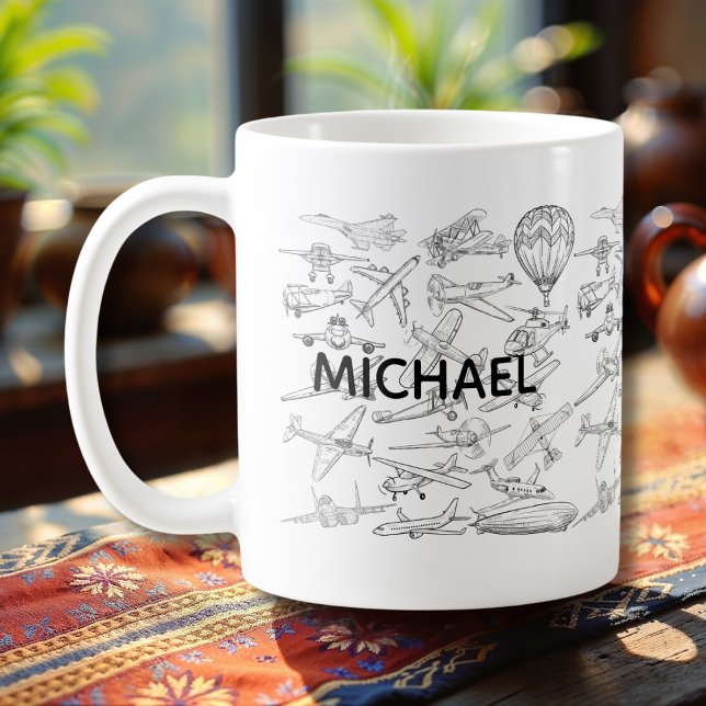Hand drawn Airplanes Aviation Pilot Aviator Fun Kaffeetasse (Von Creator hochgeladen)