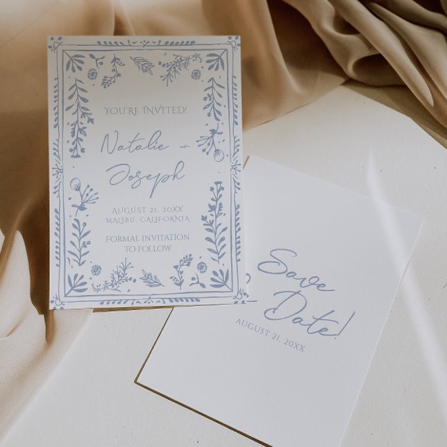 Hand Drawn Azure Blue Floral Garden Whimsy Wedding Save The Date (Von Creator hochgeladen)