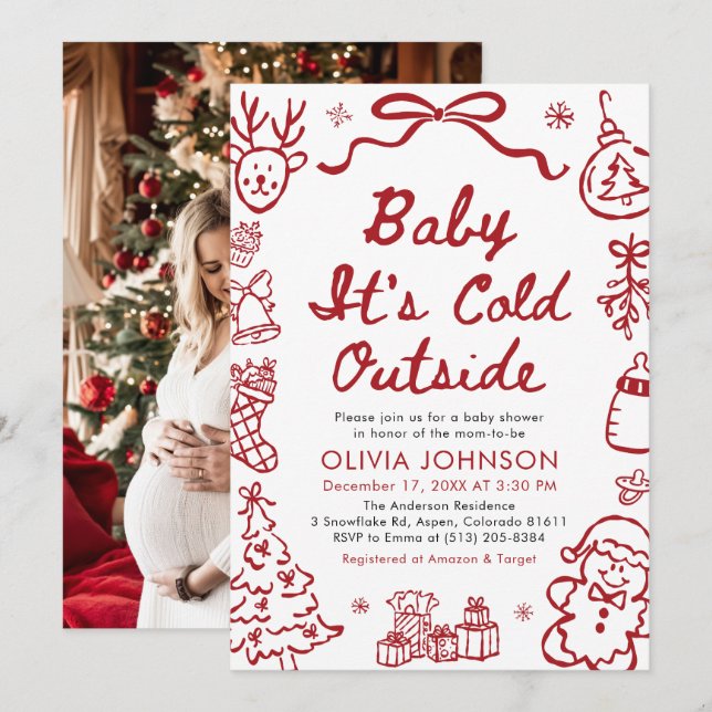 Hand Drawn Baby It's Cold Outside Baby Shower Einladung (Vorne/Hinten)