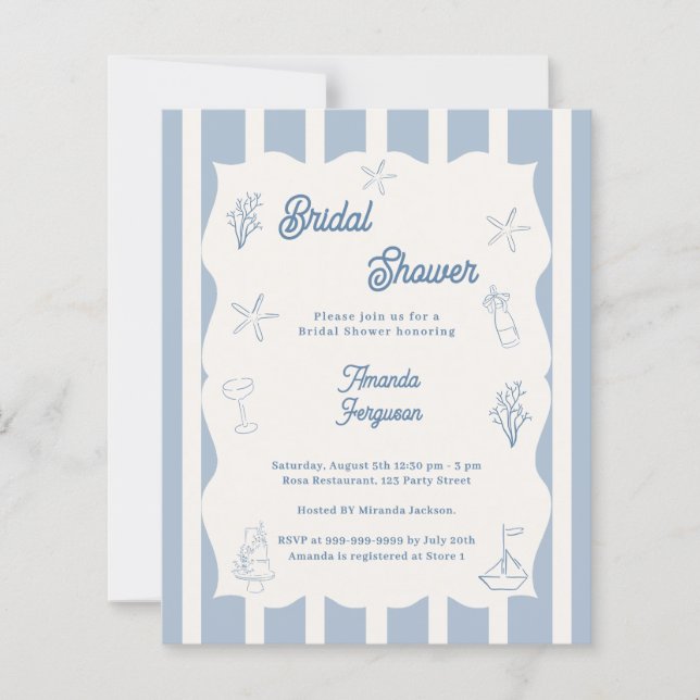 Hand drawn beach blue Bridal Shower invitation (Vorderseite)