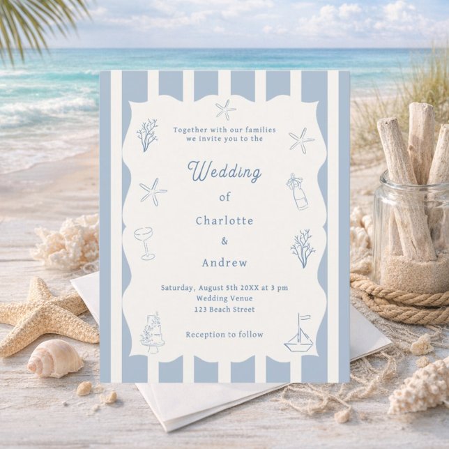 Hand drawn beach blue ivory wedding invitation (Von Creator hochgeladen)