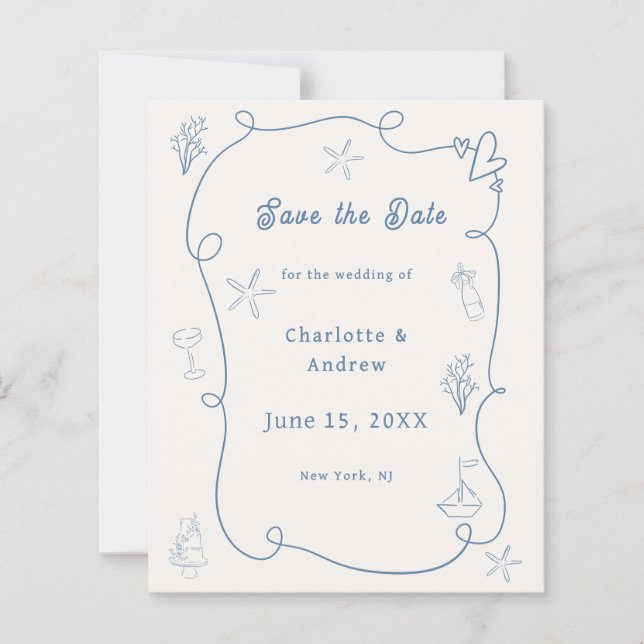 Hand drawn beach blue ivory wedding Save the Date (Vorderseite)