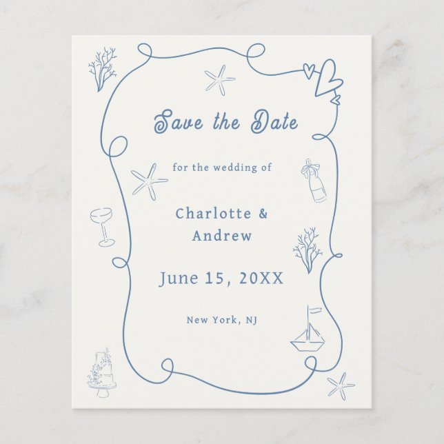 Hand drawn beach blue ivory wedding Save the Date Flyer (Vorne)