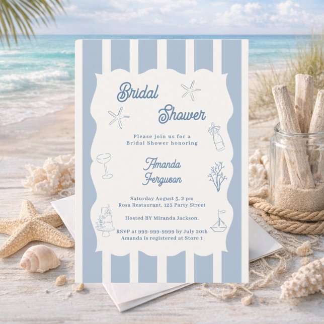 Hand drawn beach dusty blue ivory Bridal Shower Einladung (Von Creator hochgeladen)