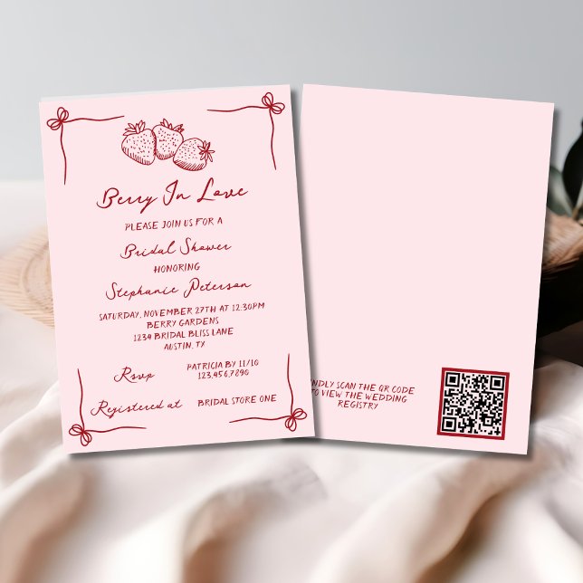 Hand Drawn Berry In Love Bridal Shower QR Code Einladung (Von Creator hochgeladen)
