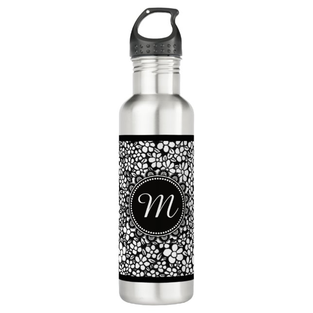Hand Drawn Black and White Flower Pattern Monogram Edelstahlflasche (Vorderseite)