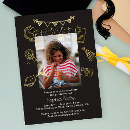 Hand Drawn Black Doodles Photo Graduate Gold Folieneinladung