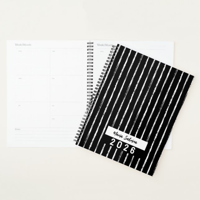 Hand Drawn Black & White Stripes Yearly Planner (Devant avec enveloppe)