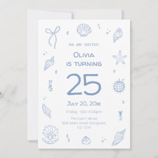 Hand Drawn Blue Beach Geburtstagsparty Einladung
