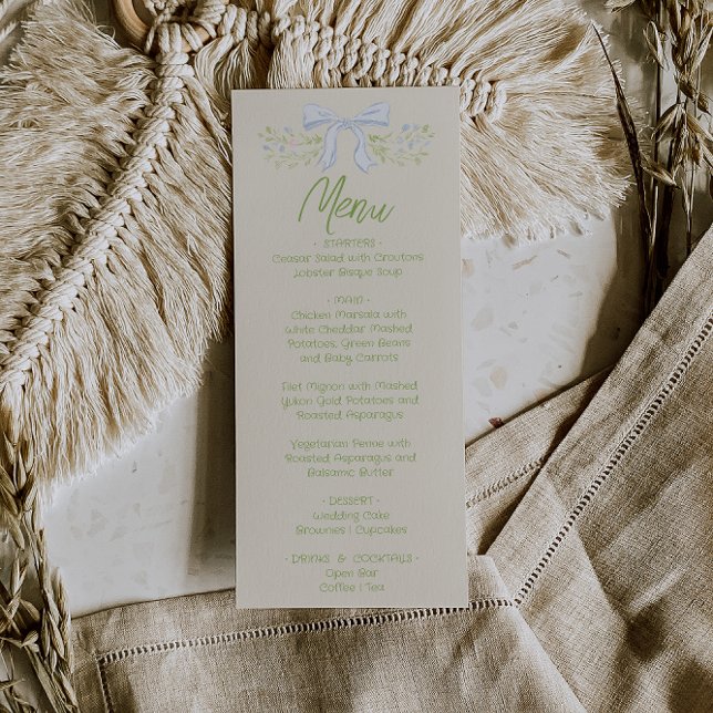 Hand Drawn Blue Bow Floral Summer Wedding Menu  Menükarte (Von Creator hochgeladen)