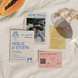 Hand Drawn Blue Cake Bows Funky Unique Wedding Einladung