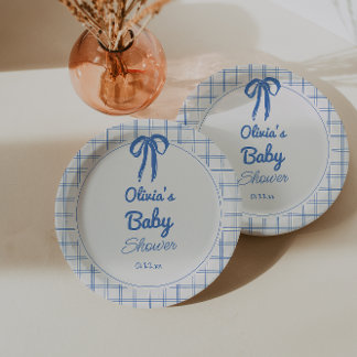 Hand Drawn Blue Gingham Bow Baby Shower Pappteller