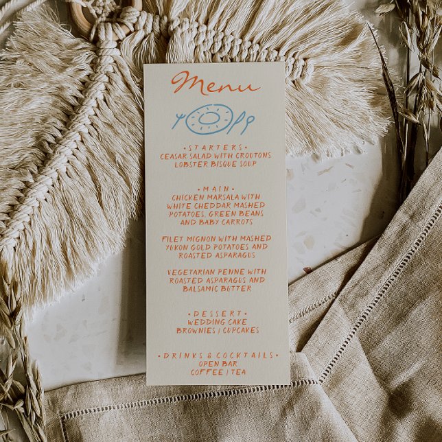 Hand Drawn Blue Orange Whimsical Wedding Menükarte (Von Creator hochgeladen)