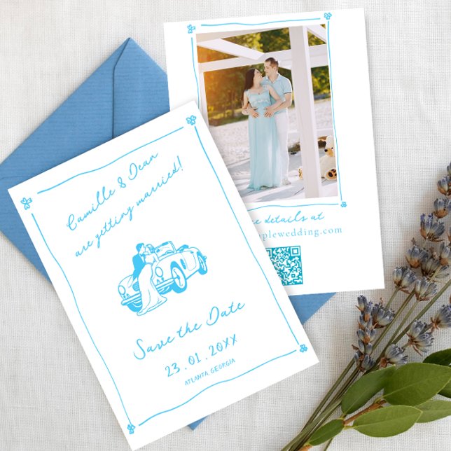  Hand Drawn Blue Save the Date photo QR Code Einladung (Von Creator hochgeladen)