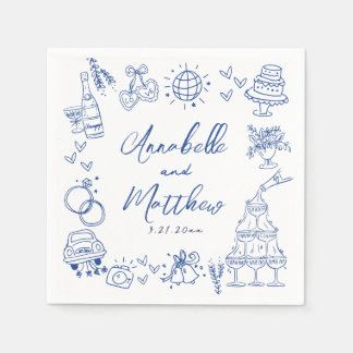 Hand Drawn Blue Whimsical Wedding Serviette