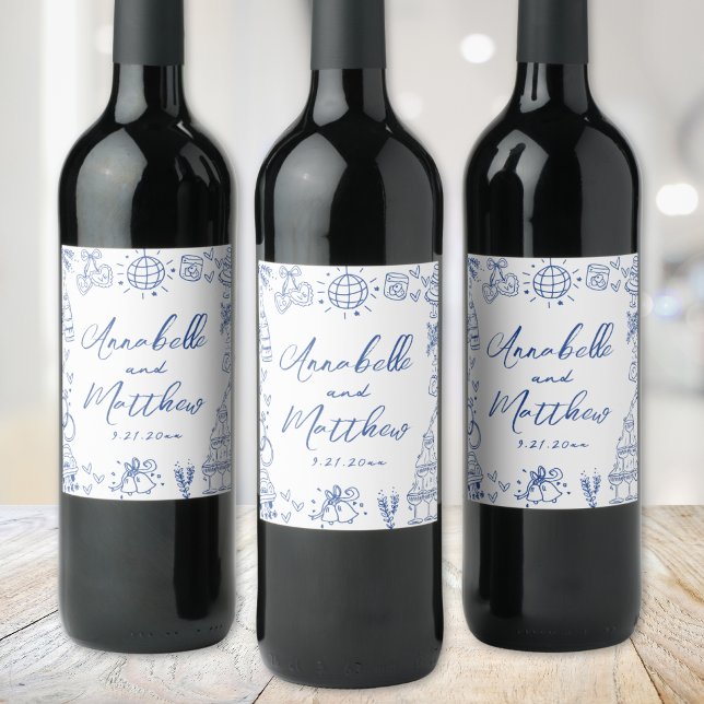 Hand Drawn Blue Whimsical Wedding Weinetikett (Hand Drawn Blue Whimsical Wedding Wine Label )