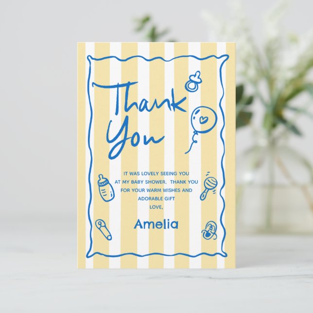 Hand Drawn Blue Yellow Ciao Baby Thank You Card Dankeskarte (Stehend Vorderseite)