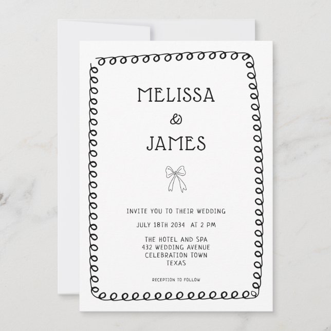 Hand Drawn Bow Doodle Whimsical Wedding Einladung (Vorderseite)