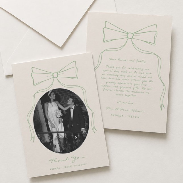 Hand Drawn Bow Green Wedding Foto Dankeskarte (Von Creator hochgeladen)
