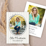 Hand Drawn Bow Photo Graduation Party Invitation Einladung<br><div class="desc">This modern graduation party invitation highlights an oval photo framed by a simple black border and finished with a charming hand-drawn bow. The design is set against a backdrop of soft light tan vertical stripes, creating a fresh and classic look. The backside offers space for a second photo and custom...</div>
