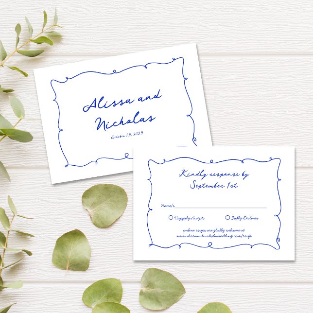 Hand Drawn Bright Blue Border & Script Wedding RSVP Karte (Von Creator hochgeladen)