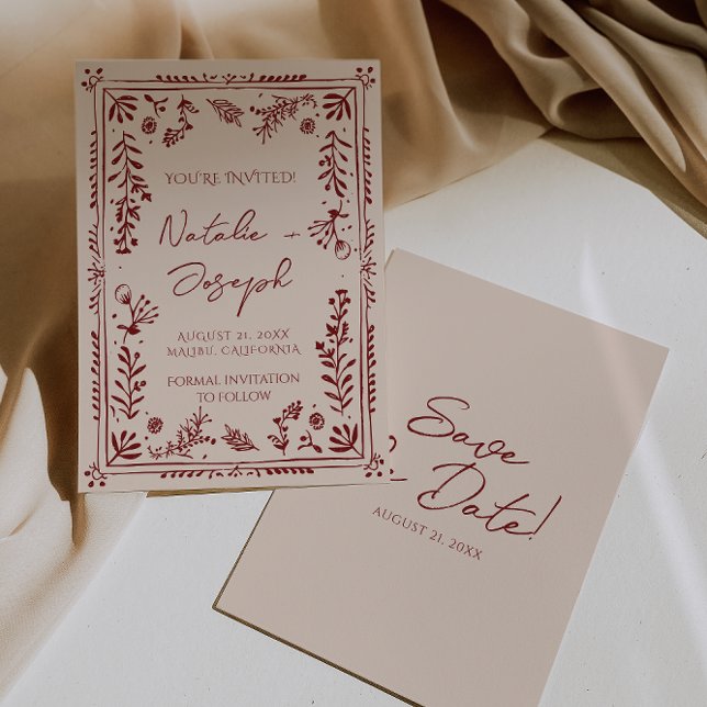 Hand Drawn Burgundy Deep Red Floral Garden Wedding Save The Date (Von Creator hochgeladen)