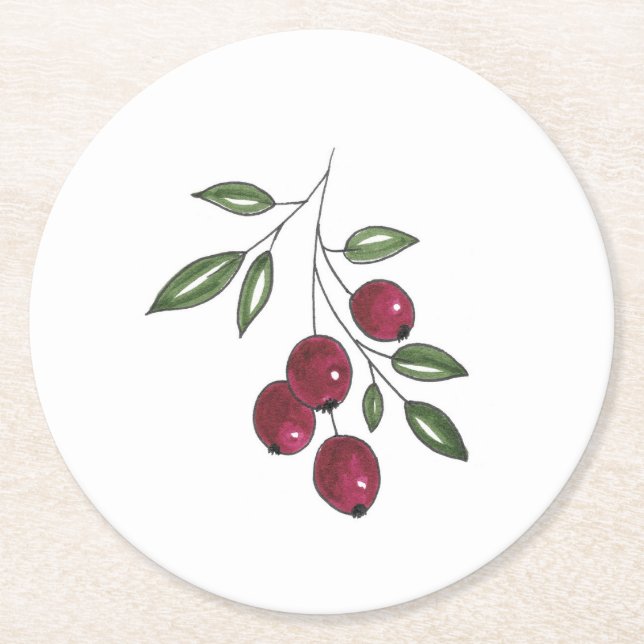 Hand Drawn Burgundy Red Berries Runder Pappuntersetzer (Vorderseite)