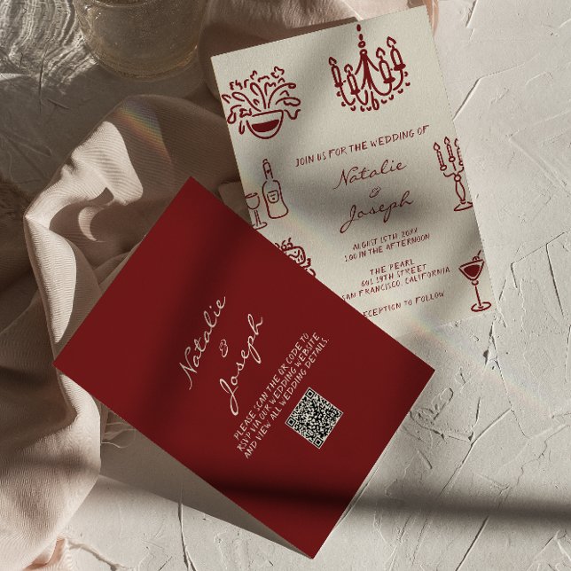 Hand Drawn Burgundy Whimsical QR Code Wedding Einladung (Von Creator hochgeladen)