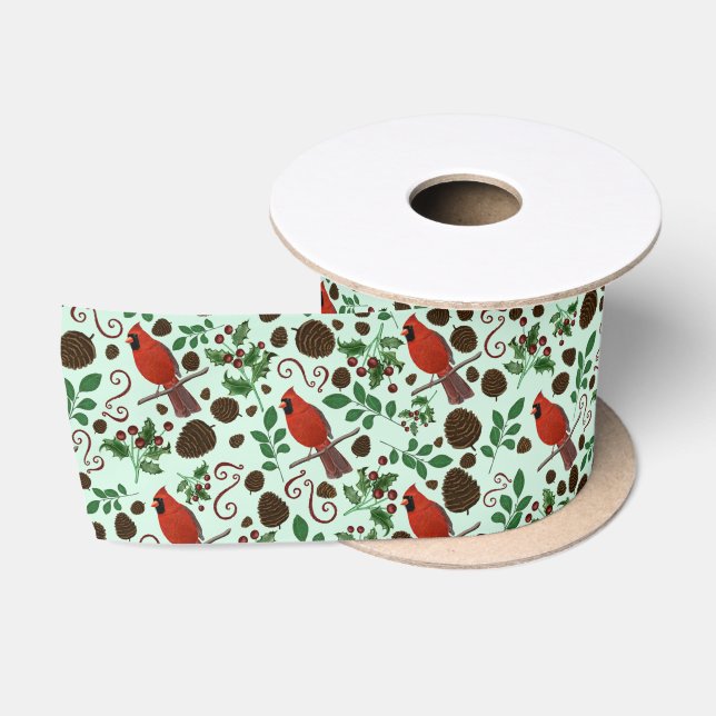 Hand-Drawn Cardinals & Greenery | Christmas Ribbon Satinband (Spule)