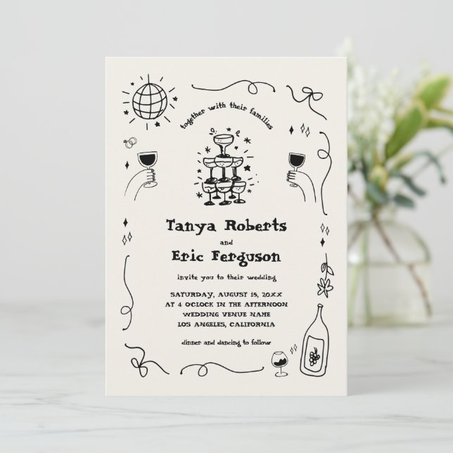 Hand Drawn Champagne Cocktail Whimsical Wedding Einladung (Stehend Vorderseite)