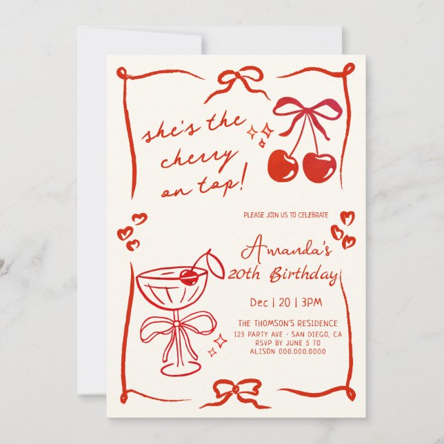 hand-drawn cherry martini birthday invitation einladung (Vorderseite)