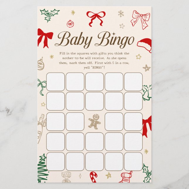 Hand Drawn Christmas Baby Shower Bingo Game (Vorderseite)